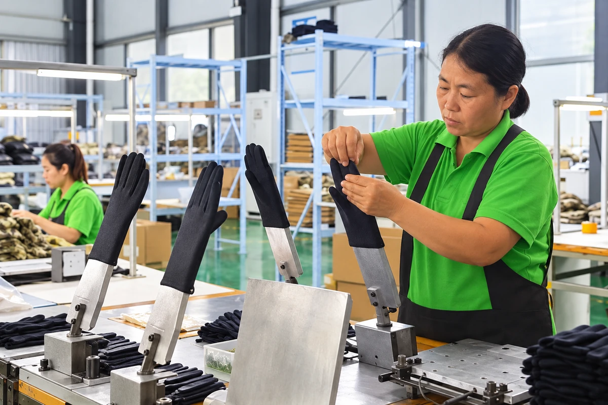 Worker adjusting a dark glove on a hand-shaped form