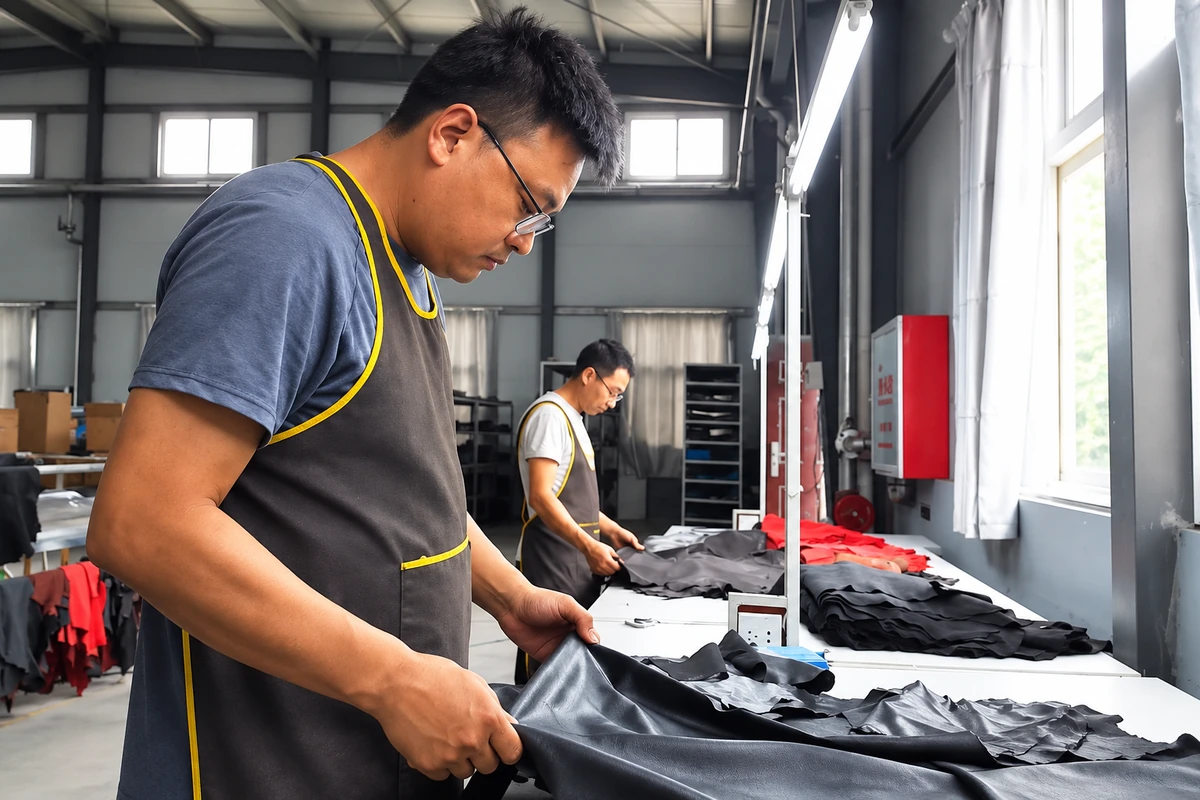 Worker handling dark leather panels on a worktable