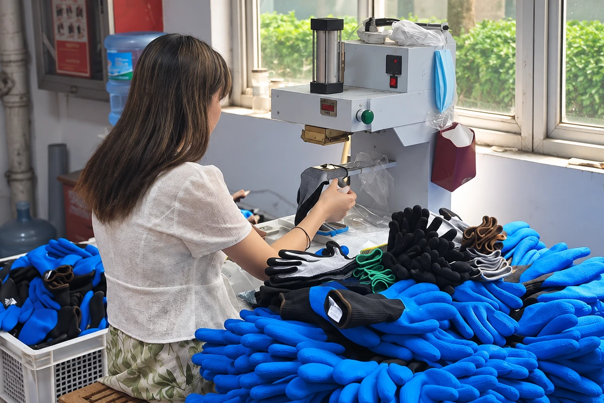Worker handling a glove at a machine beside stacked blue gloves