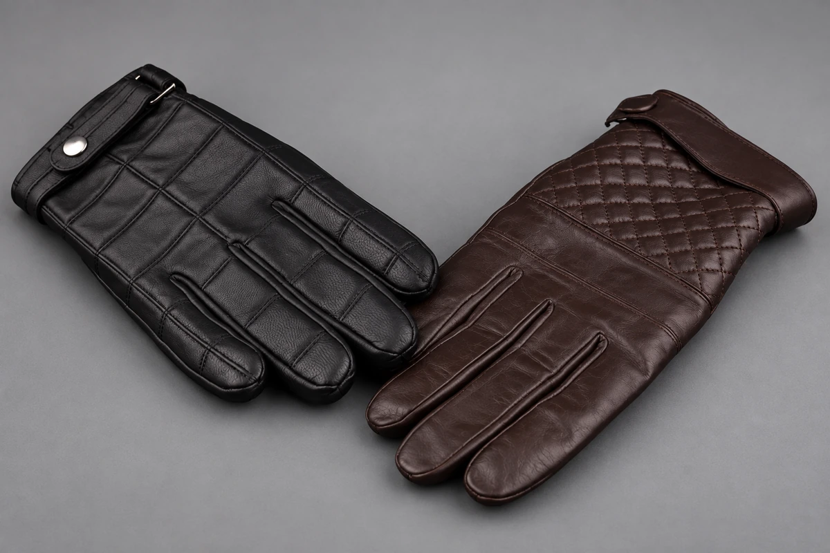 Black and brown leather gloves with stitched panels and wrist fasteners