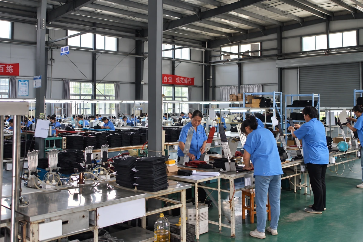 Workers in blue shirts handling gloves at rows of hand-form stations