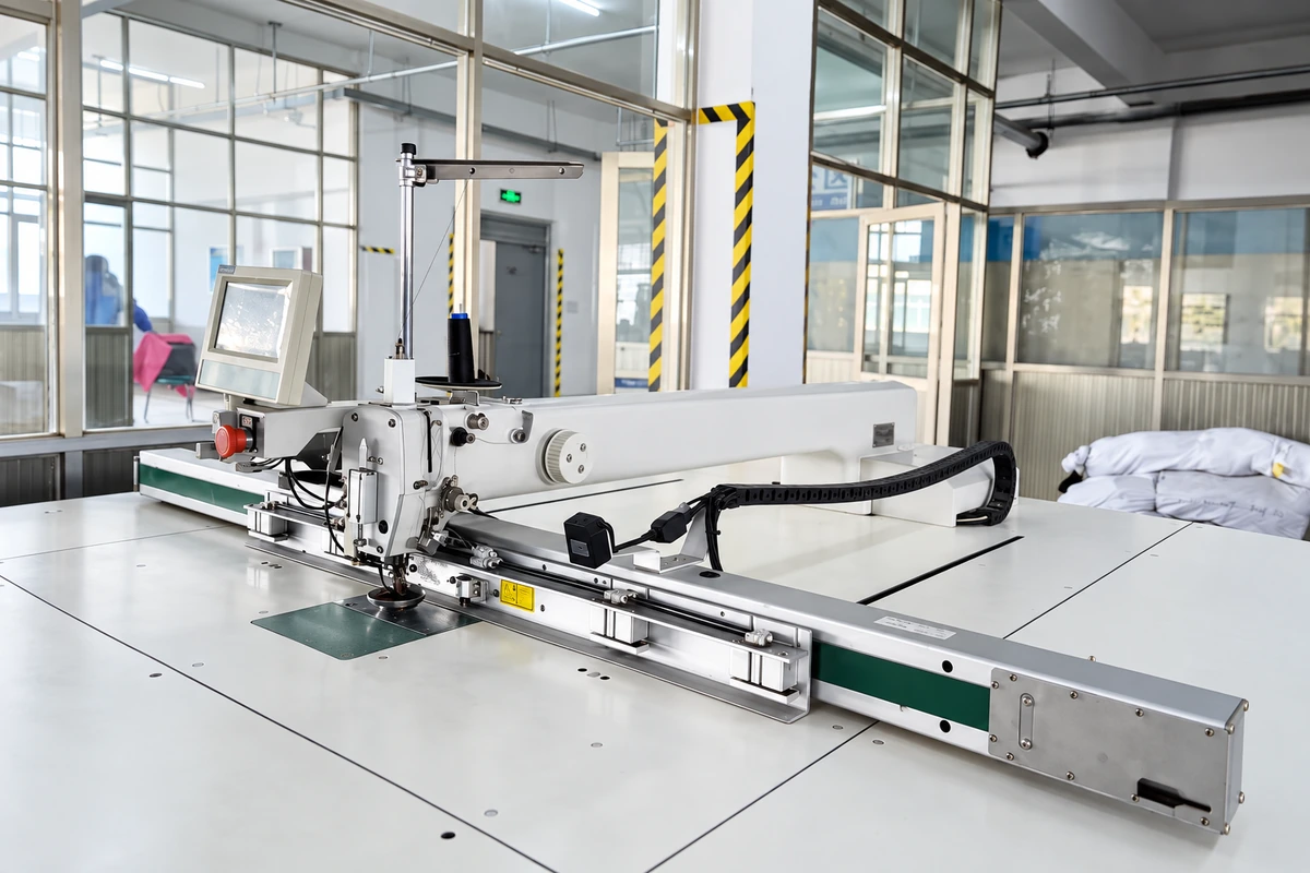 Industrial sewing machine and large worktable inside a glove production workshop