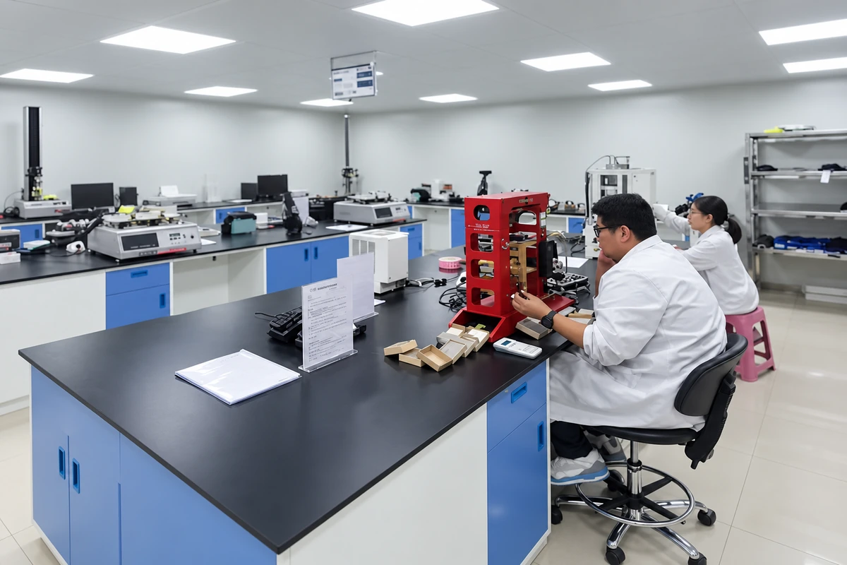 Laboratory operators working with material-testing equipment