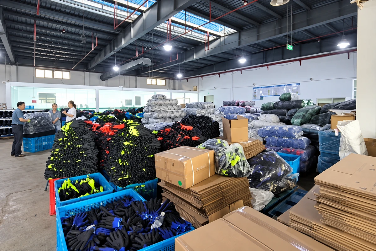 Glove bundles, blue bins and cartons in a packing area