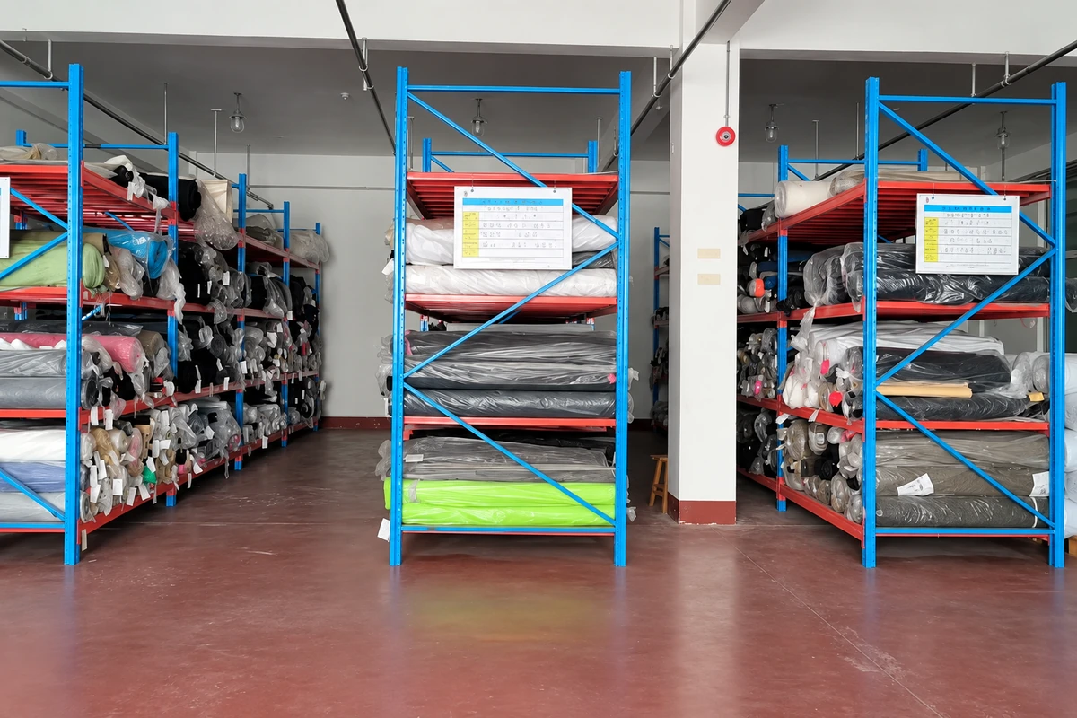 Rolls of fabric and other glove materials stored on blue and red racks