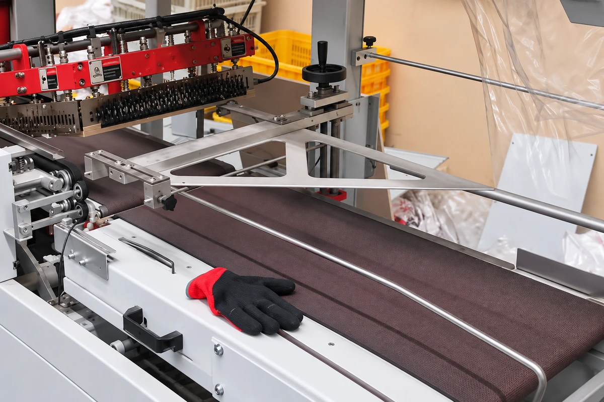 Black gloves with red cuffs beside a packaging-machine conveyor
