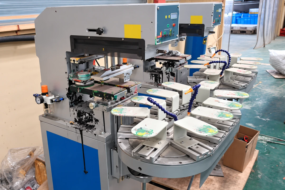 Printing equipment with a row of glove-shaped fixtures