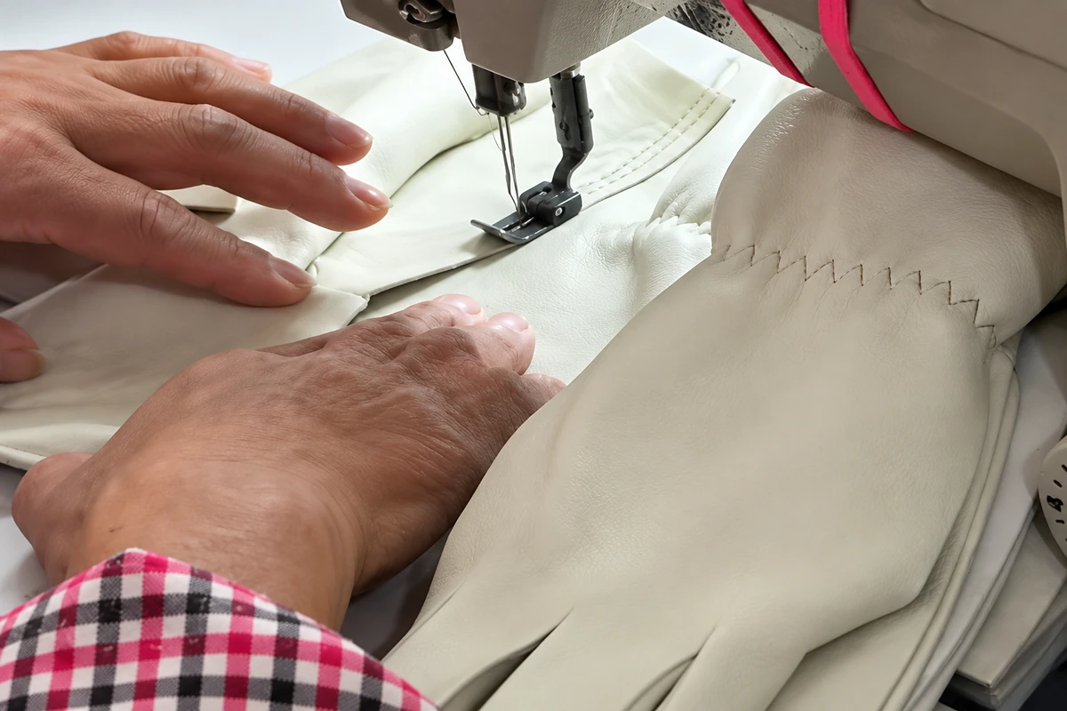 Hands guiding light-colored glove panels beneath a sewing-machine needle