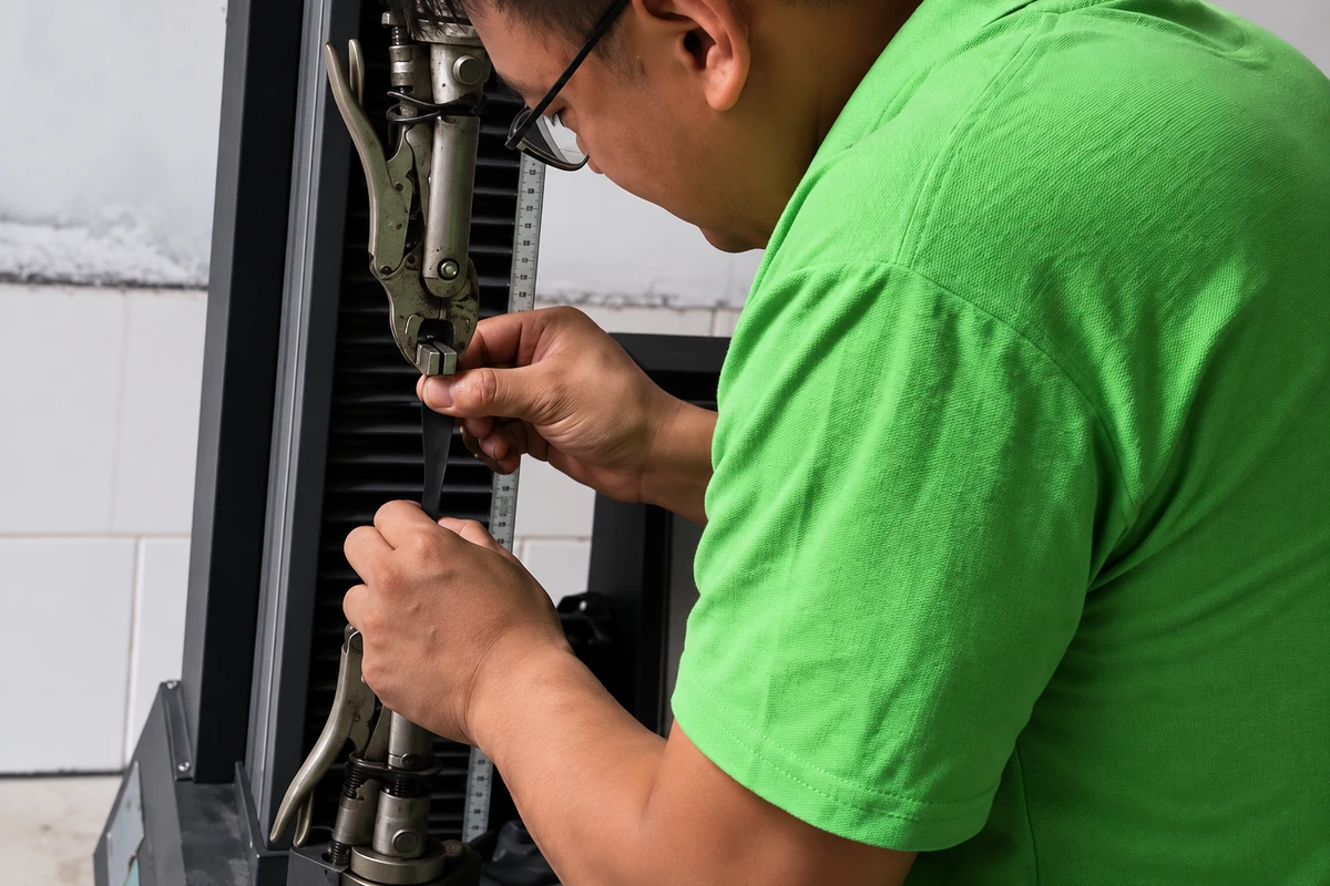 Operator positioning a specimen between the clamps of a test machine