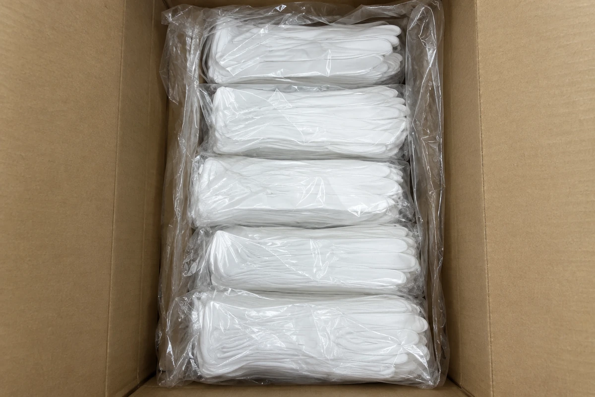Bagged white gloves arranged closely inside an open carton