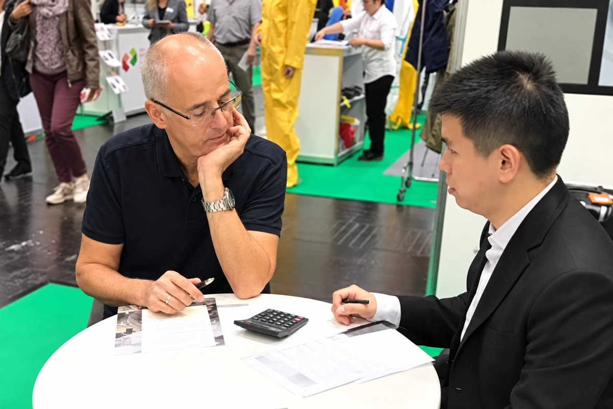 Two people discussing papers at a table in a glove exhibition booth