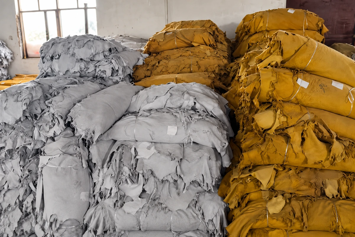 Gray, tan and yellow leather pieces grouped in tied bundles
