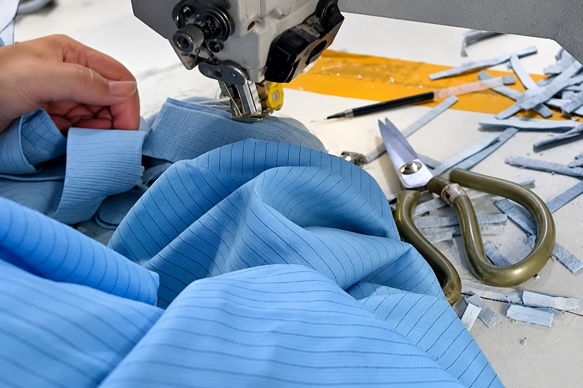 Blue fabric, scissors and small offcuts beside a sewing-machine needle