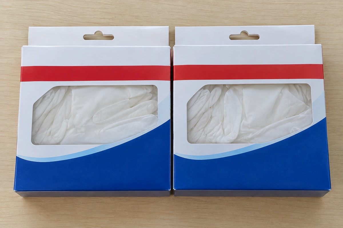 White cotton gloves displayed in two paperboard retail boxes