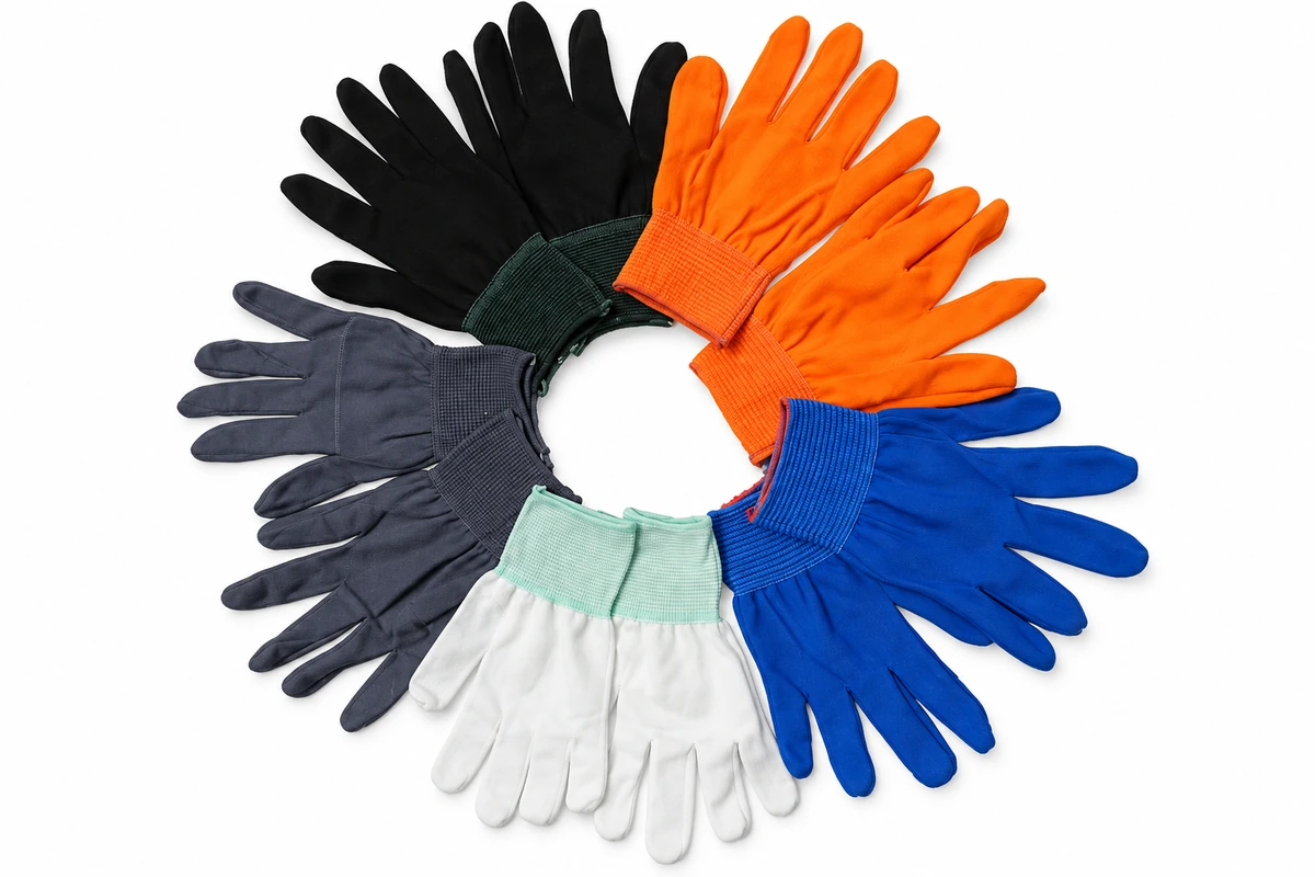Black, orange, blue, gray and white gloves arranged in a circle