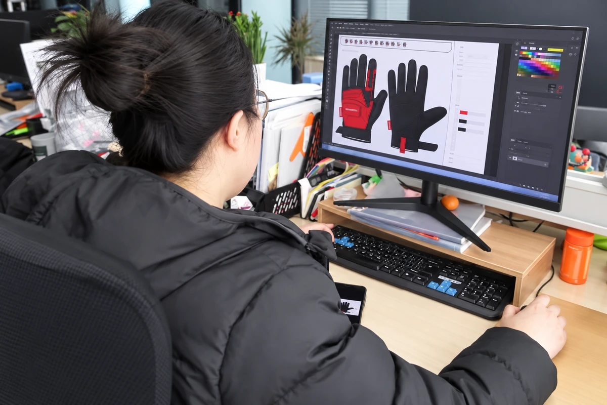 Designer reviewing a red and black glove layout on a monitor