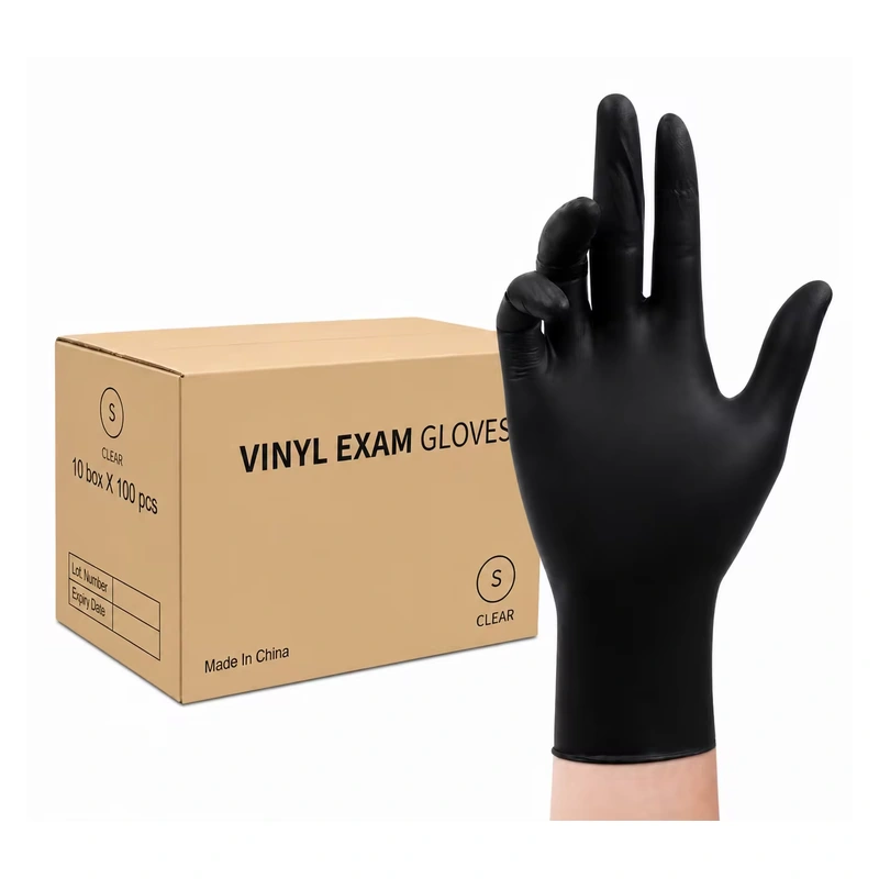 Black disposable glove beside a carton labeled vinyl gloves