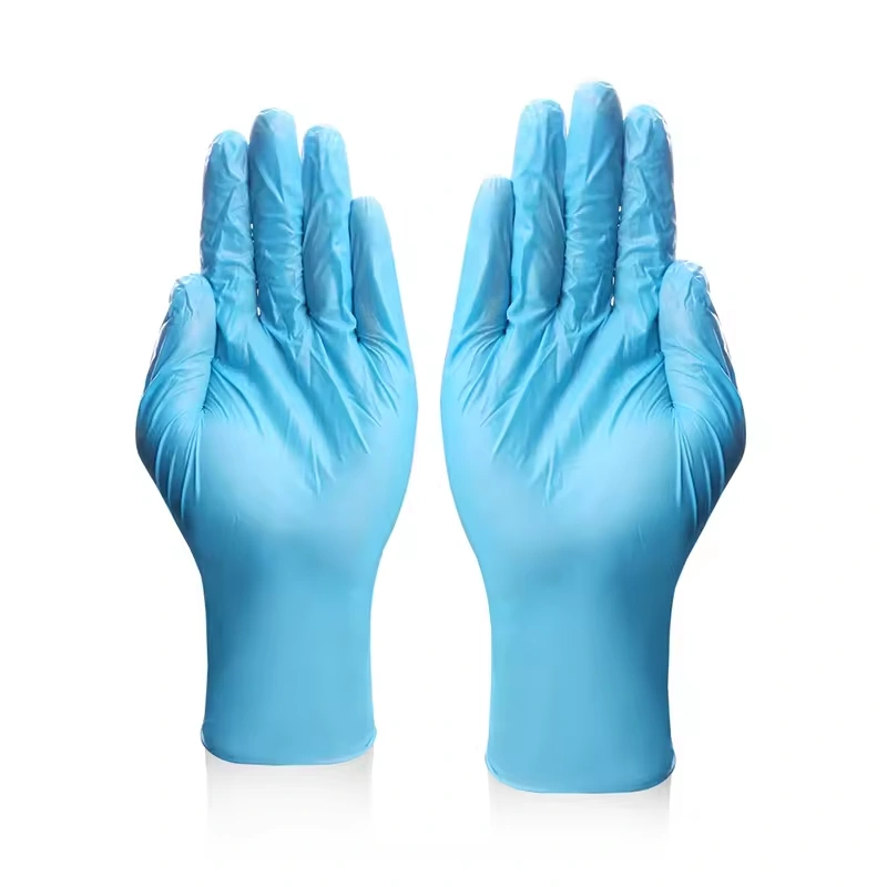 Blue disposable gloves with open palms and rolled cuffs