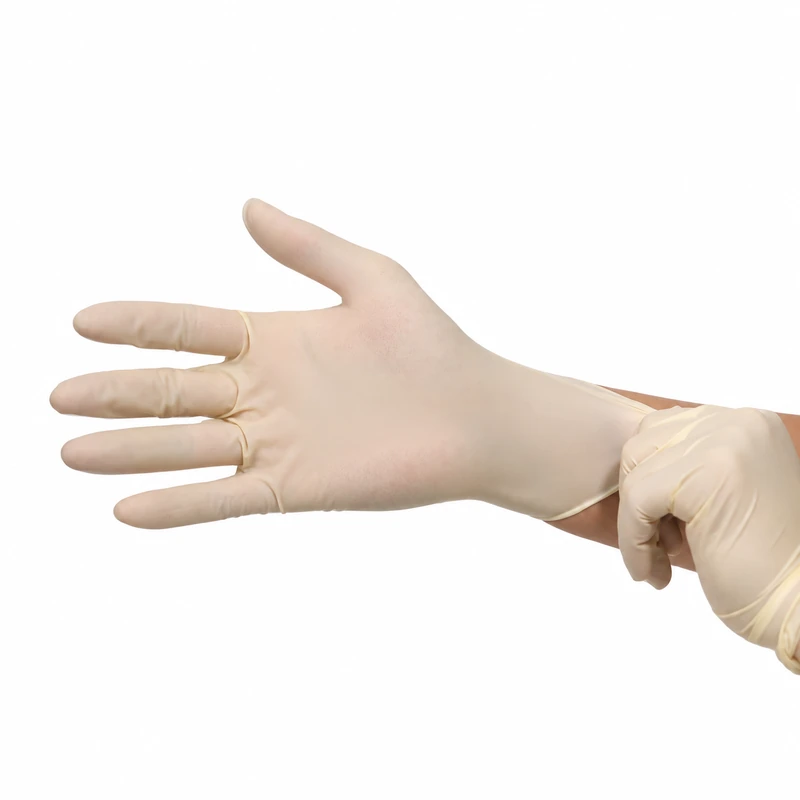 Cream disposable glove with an open palm and cuff being adjusted