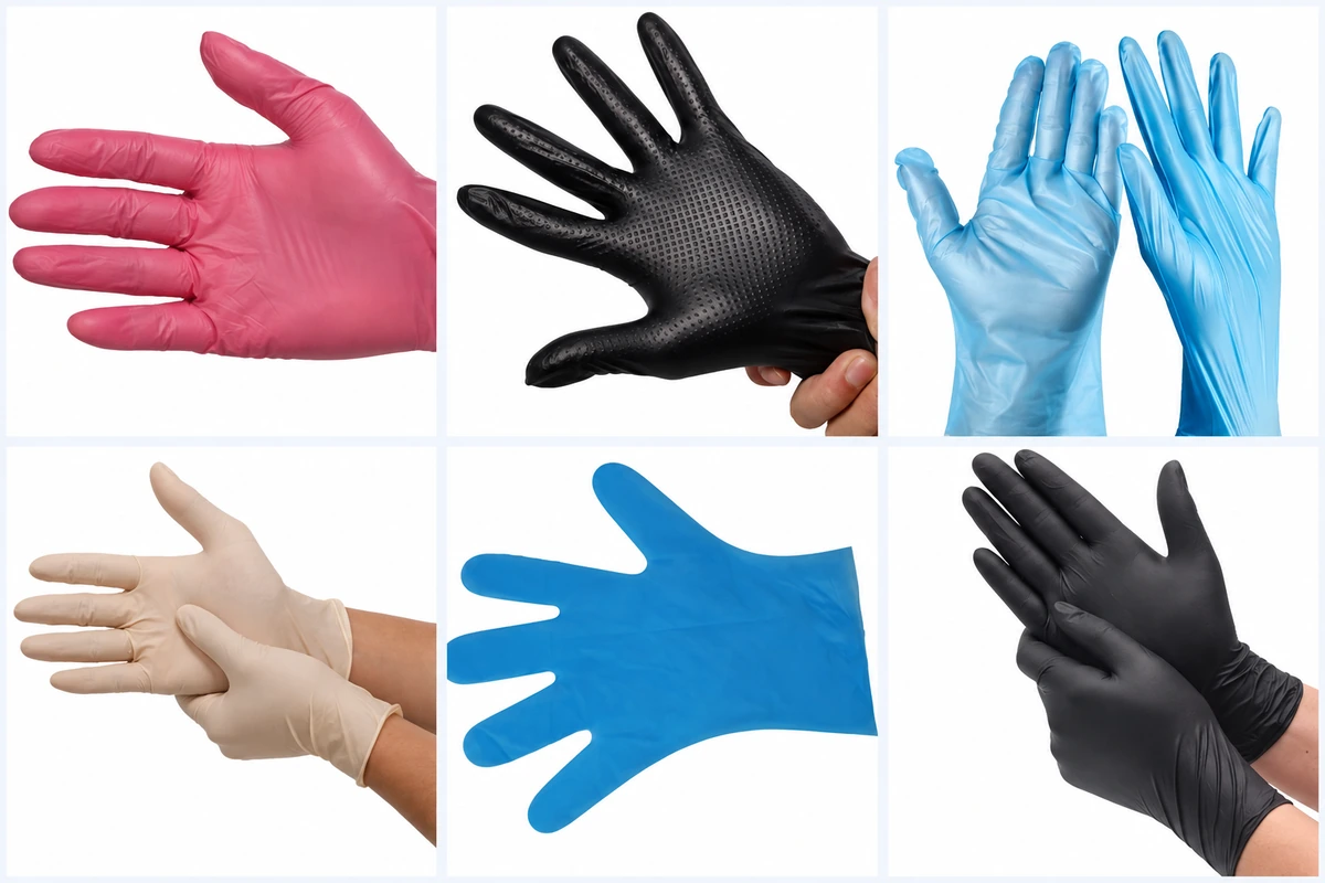 Disposable gloves showing textured surfaces, varied fits and rolled cuffs