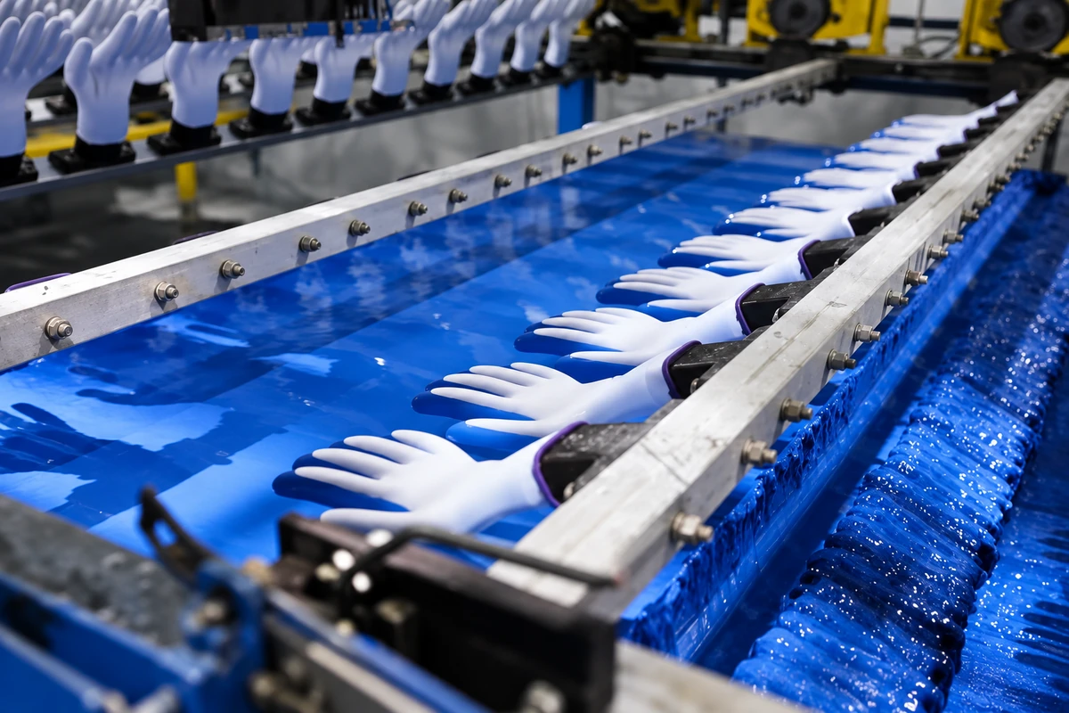 Rows of hand-shaped glove formers on a production line