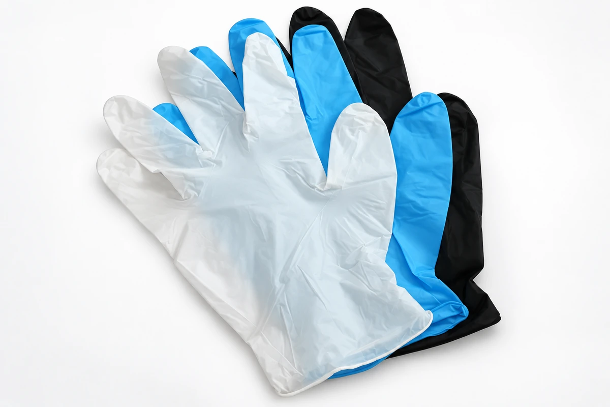 White, blue, and black disposable gloves arranged together