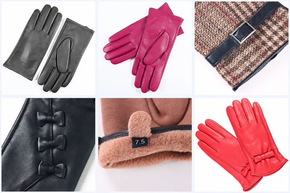Gray, magenta and red gloves with buckles, bows and a size label