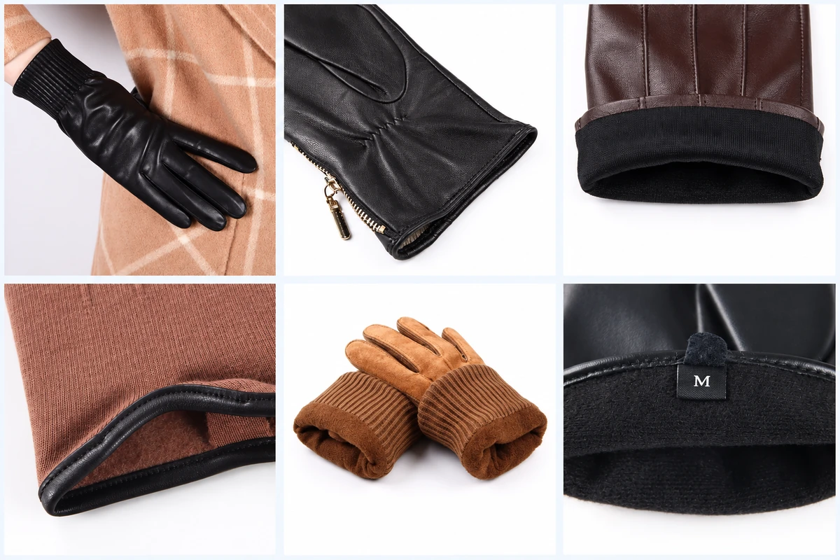 Gloves showing zippered cuffs, knit cuffs, lining and a size label