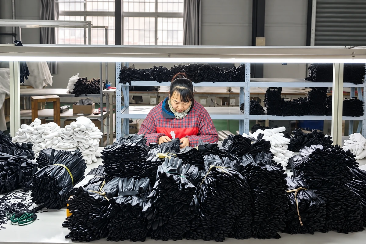 Worker inspecting black gloves at a factory table