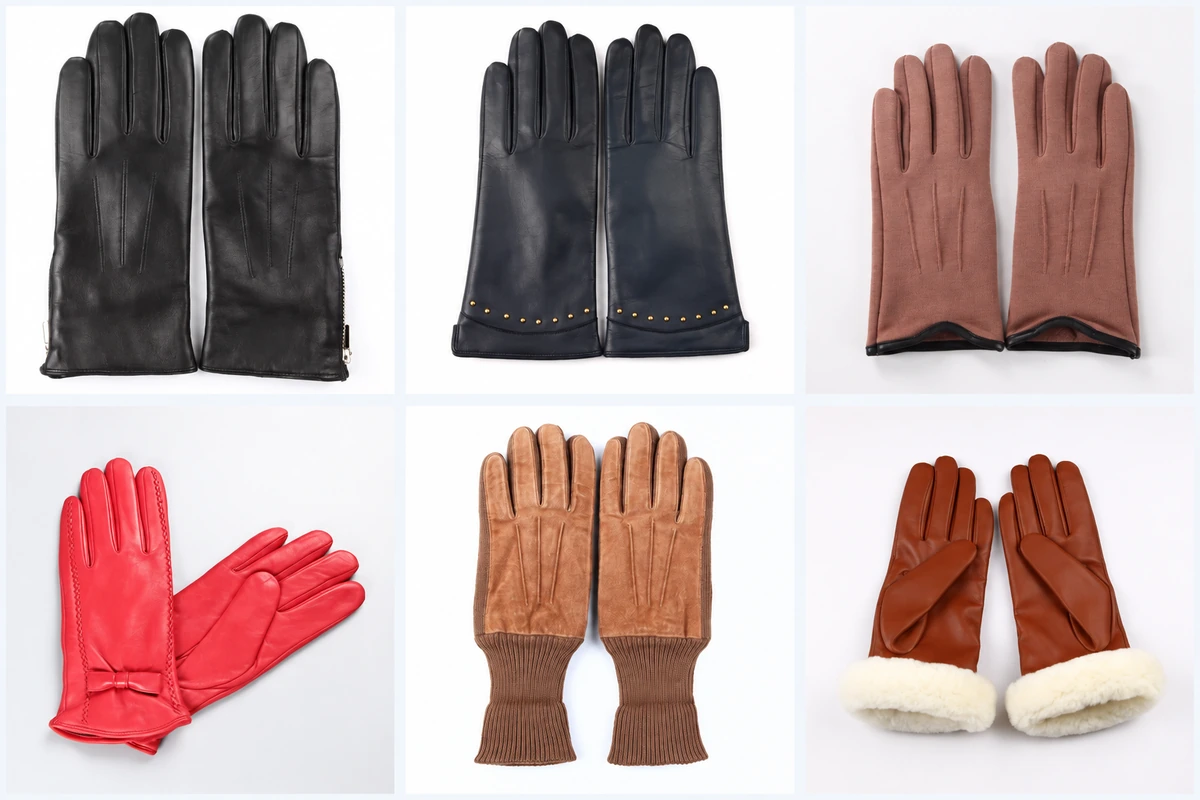 Six glove styles with zip cuffs, studs, bows and fluffy trim