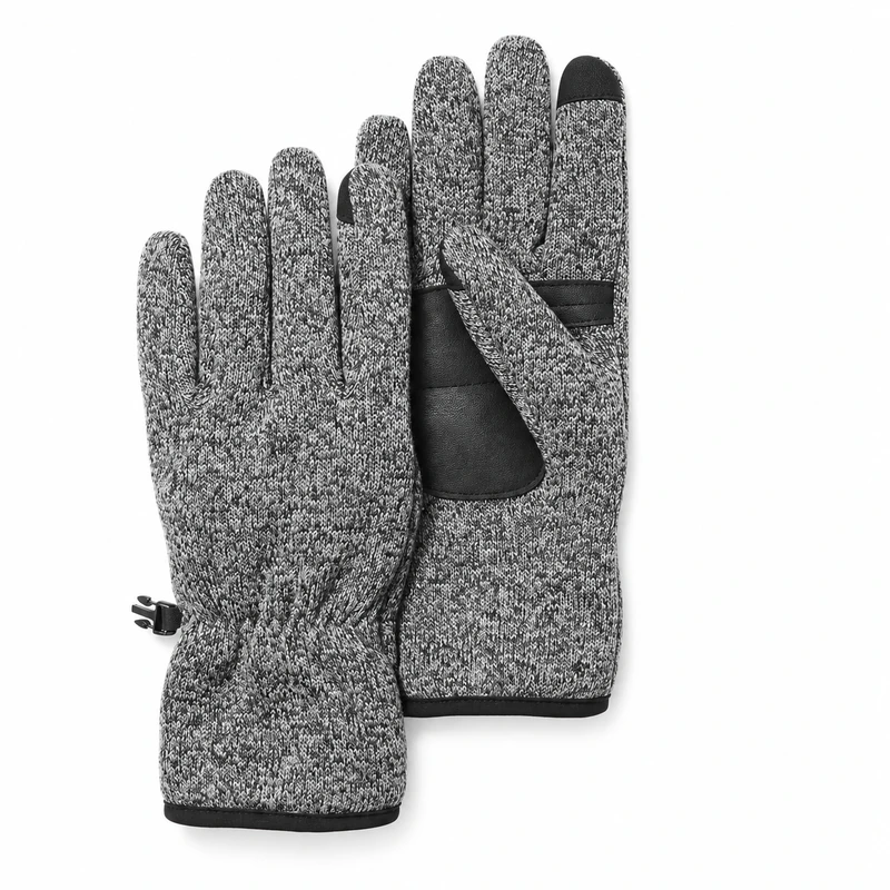 Gray knit gloves with black palm patches and dark cuff trim