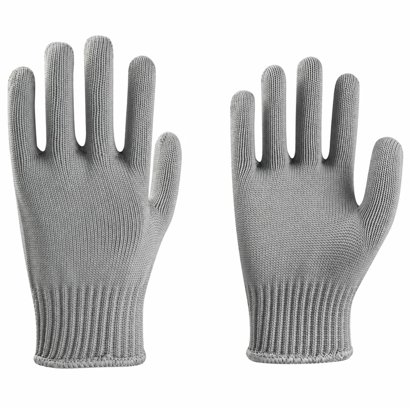 Light gray full-finger knit gloves with ribbed cuffs