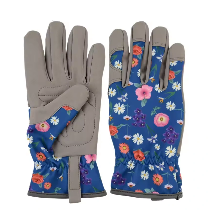 Blue floral garden gloves showing patterned backs, gray palms, and wrist straps