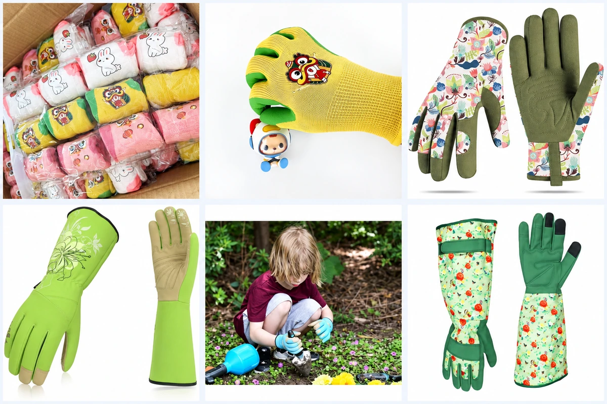 Garden gloves with printed patterns, retail packaging and long cuffs