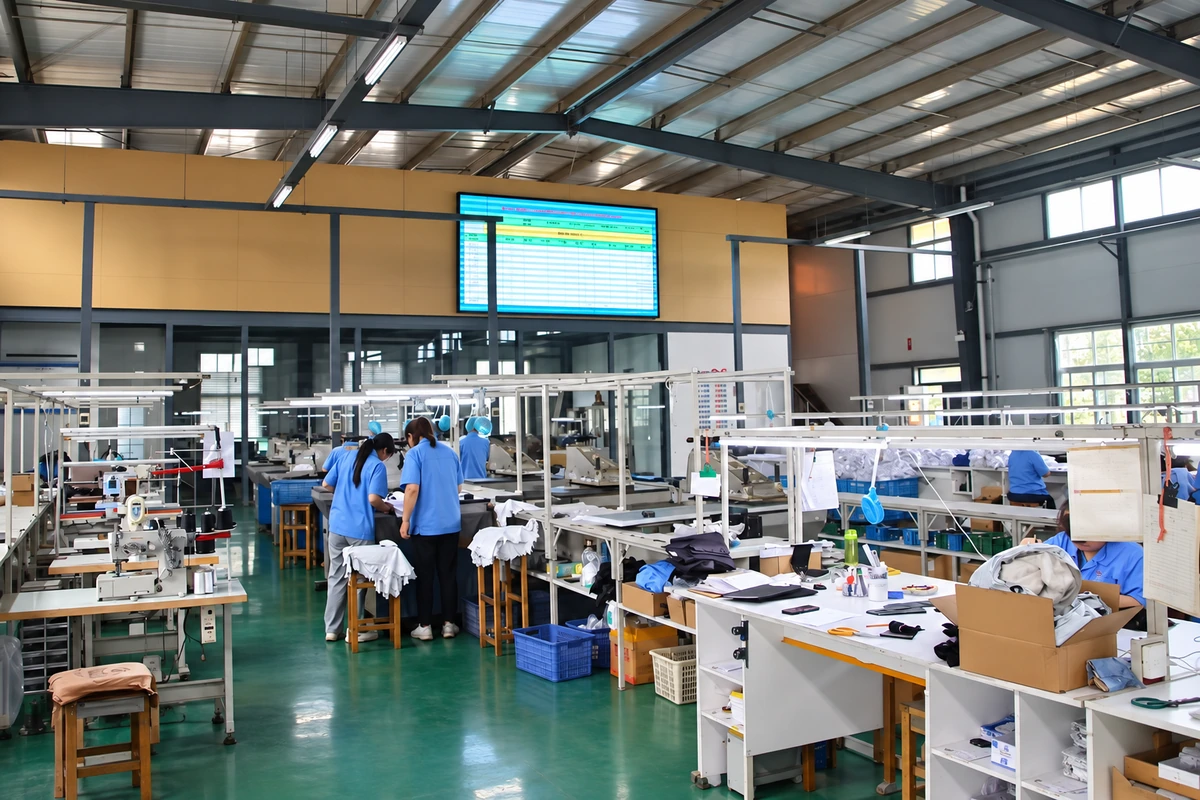 Workers at glove production workstations inside a factory