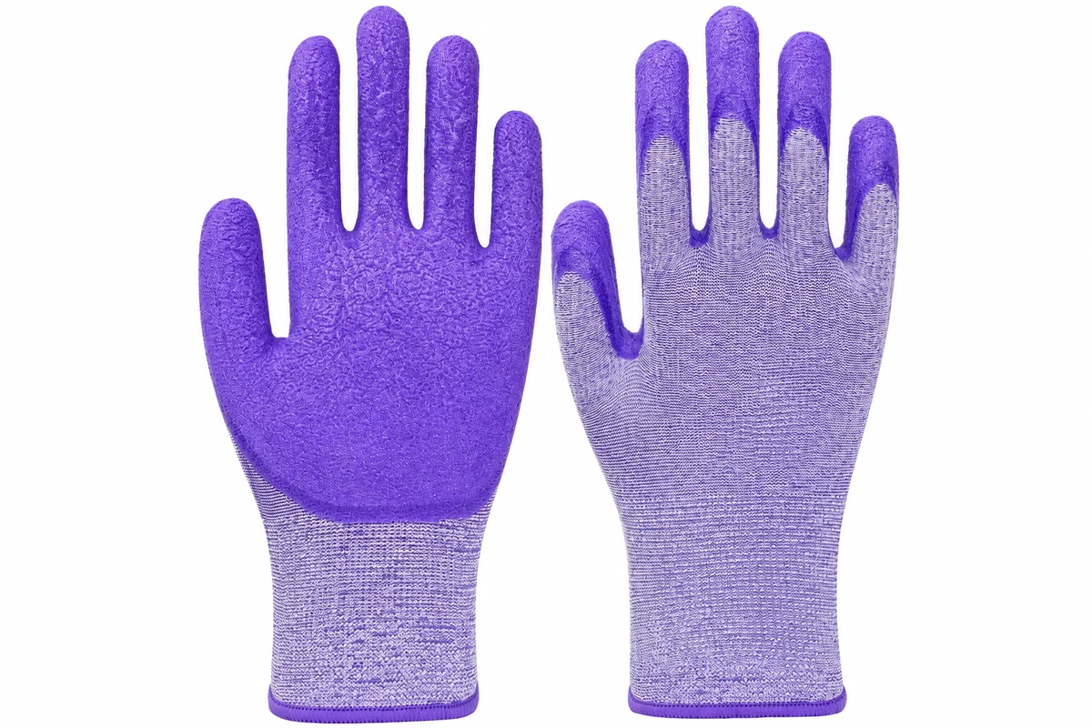 Purple garden gloves with textured coated palms and knitted cuffs