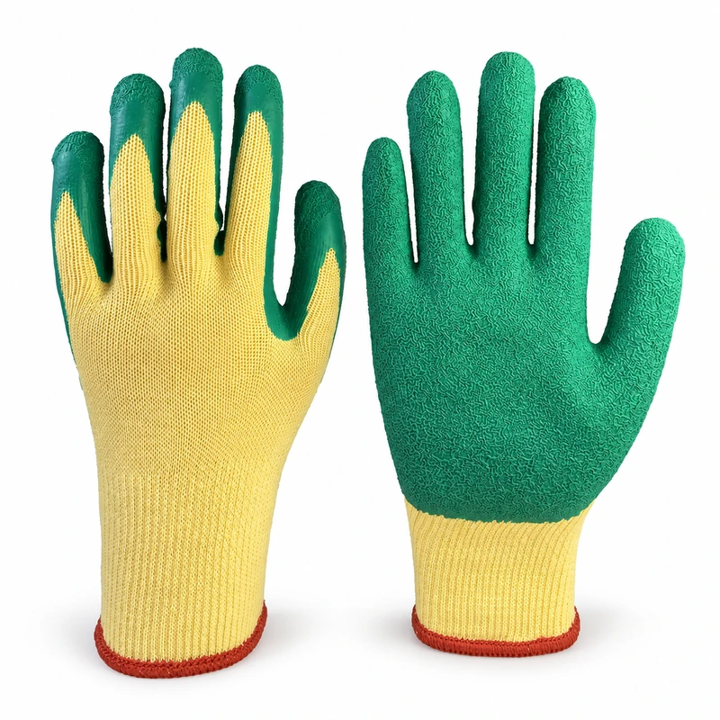 Yellow knit gardening gloves with green textured palms