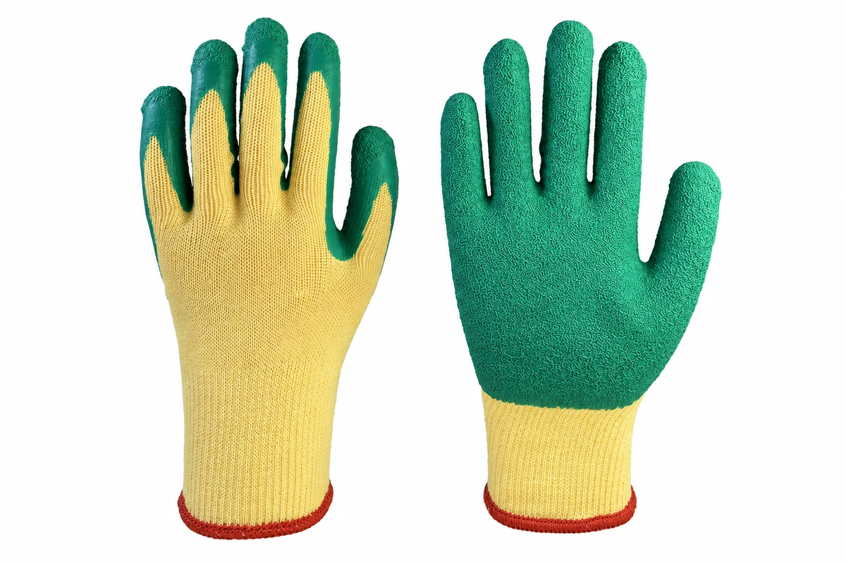 Yellow knit gardening gloves with green textured palms
