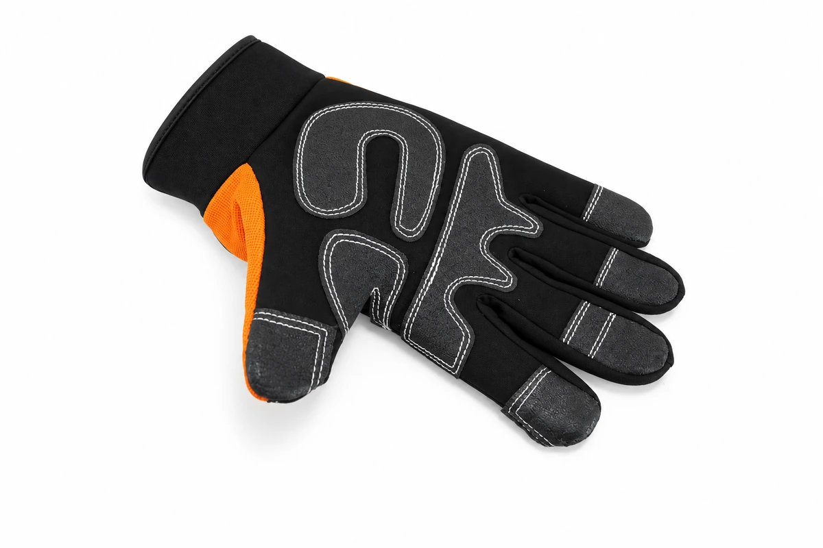 Black glove with stitched palm patches and an orange thumb panel