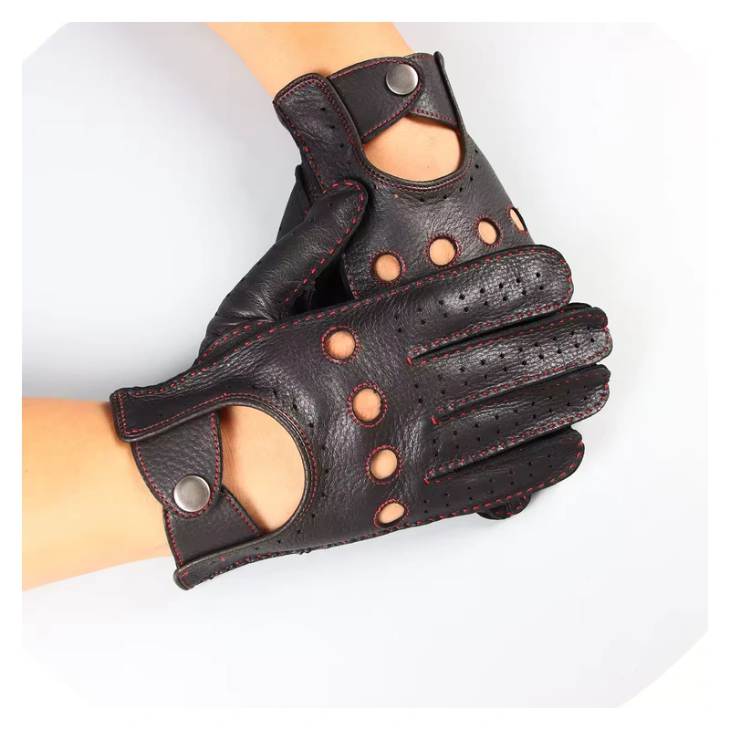 Black driving gloves with perforated fingers, knuckle holes and button cuffs