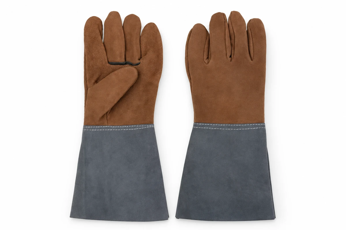 Brown split-leather gloves with long gray gauntlet cuffs