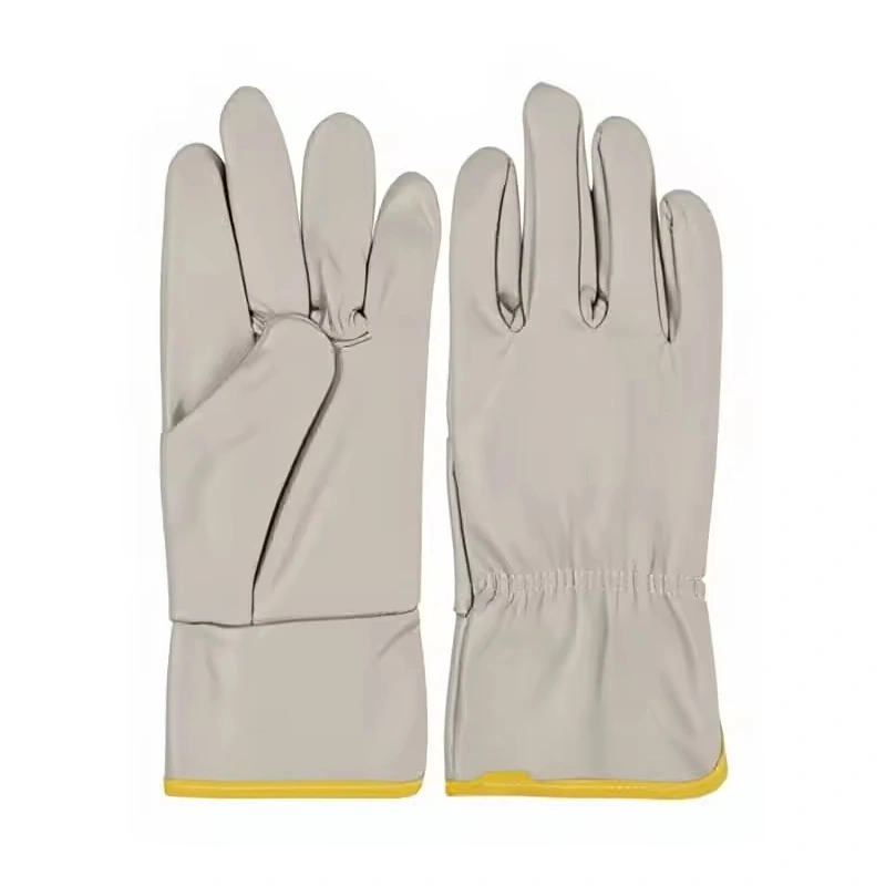 Cream leather work gloves with yellow cuff edges and stitched palms