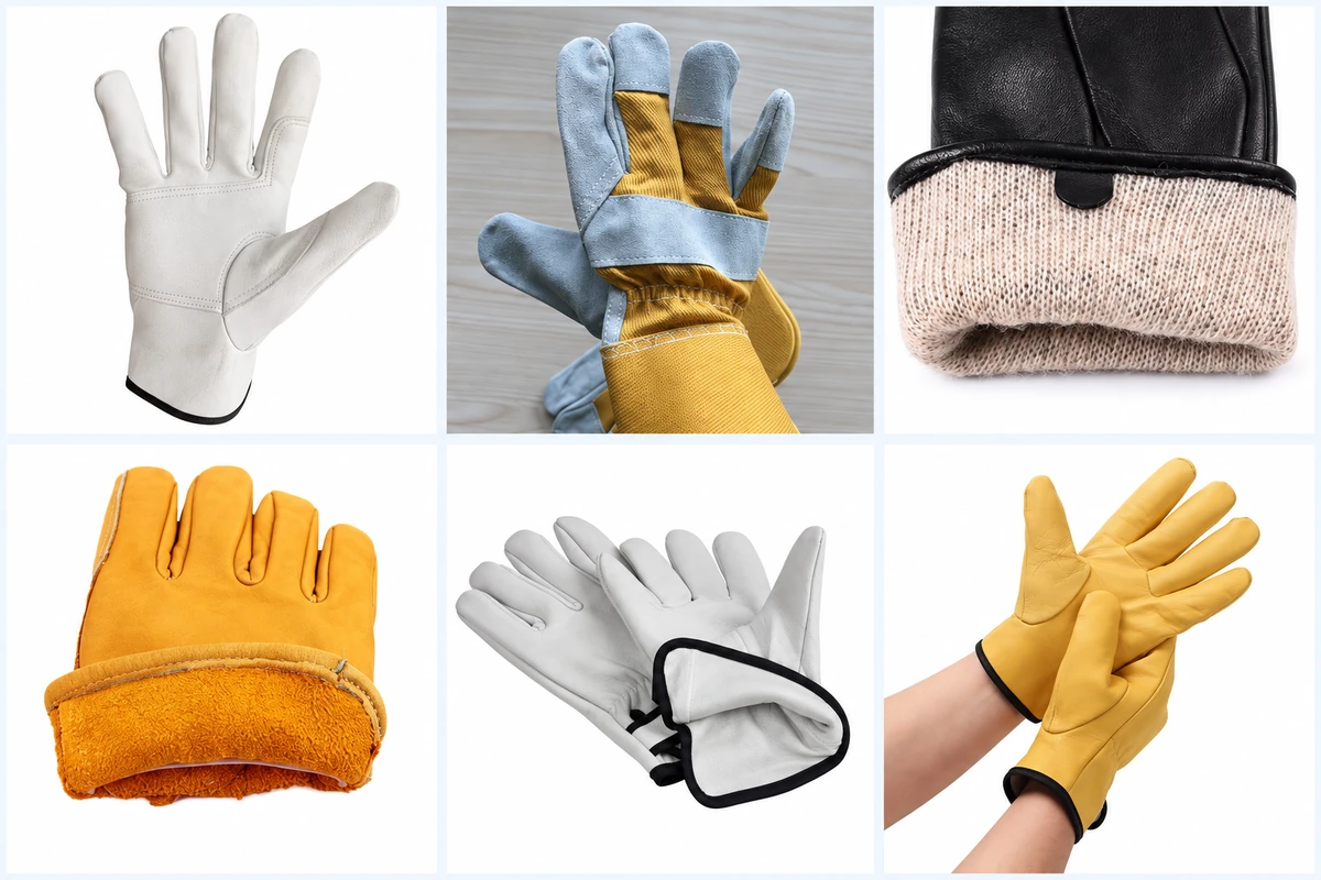 Leather gloves showing thumb seams, lining and adjustable cuffs
