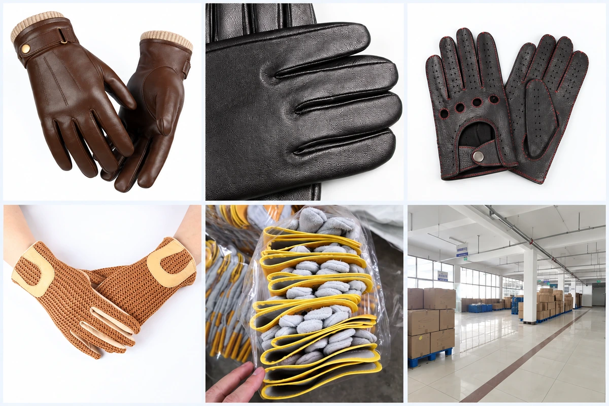 Leather glove stitching, perforated backs, crochet panels and packing