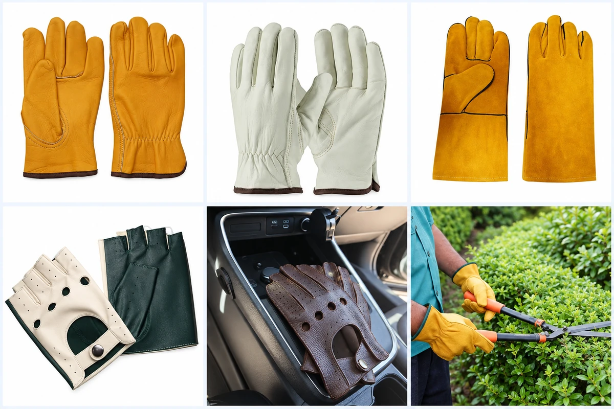Leather work gloves, long gauntlets and driving gloves in use