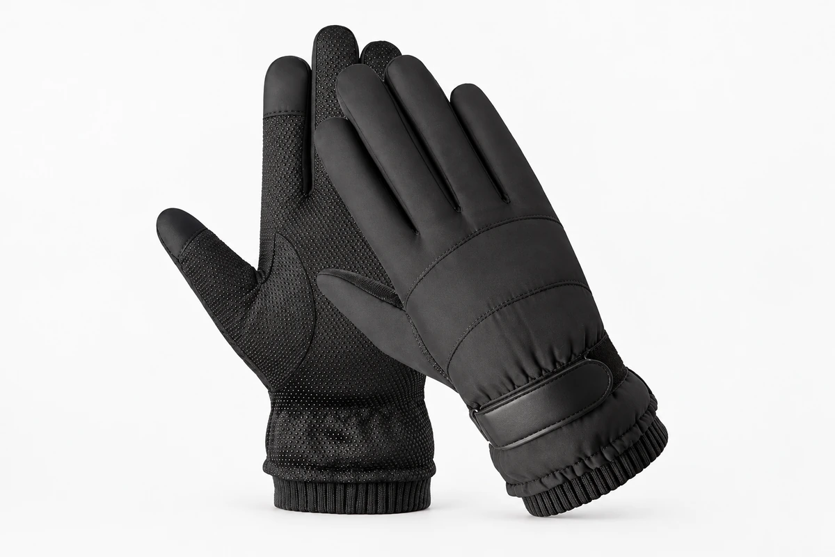 Black outdoor gloves with textured palms, wrist straps and knitted cuffs