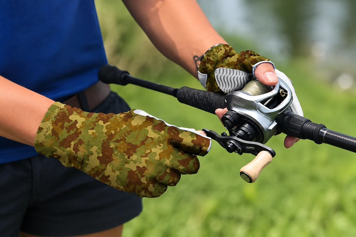 Camouflage fingerless gloves holding a fishing rod and baitcasting reel