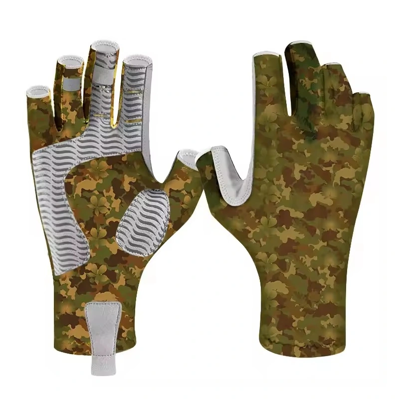 Camouflage fishing gloves with open fingertips and gray patterned palms