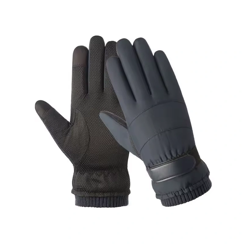 Navy outdoor gloves with black textured palms and adjustable wrist straps