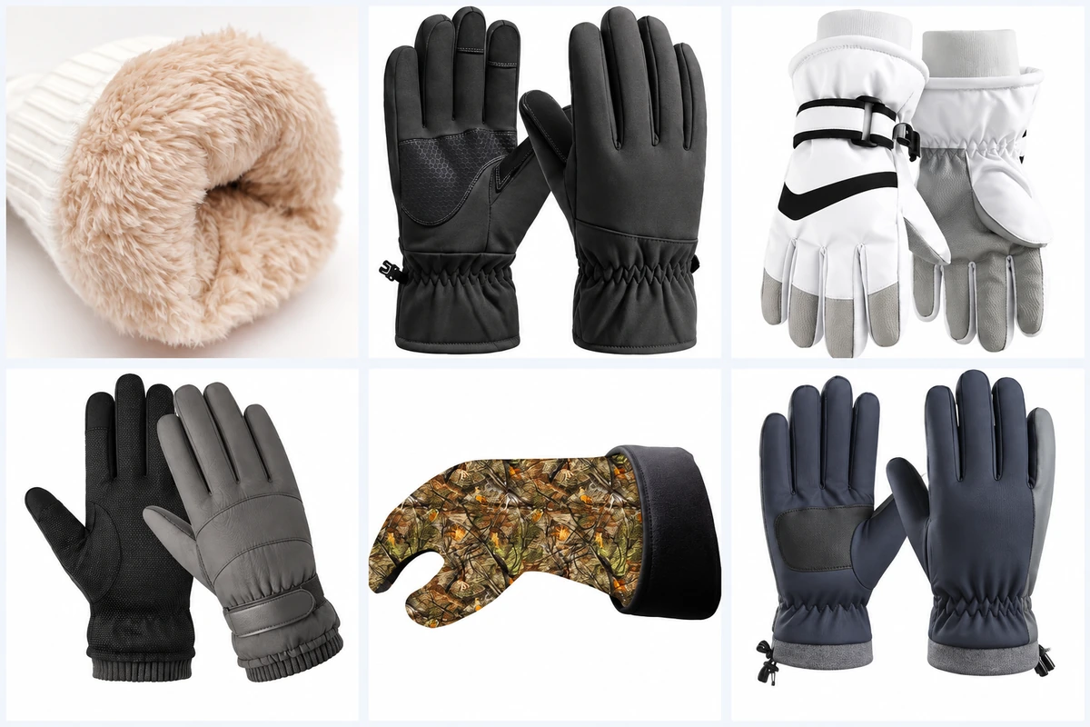 Outdoor gloves showing fluffy lining, gathered cuffs and wrist straps